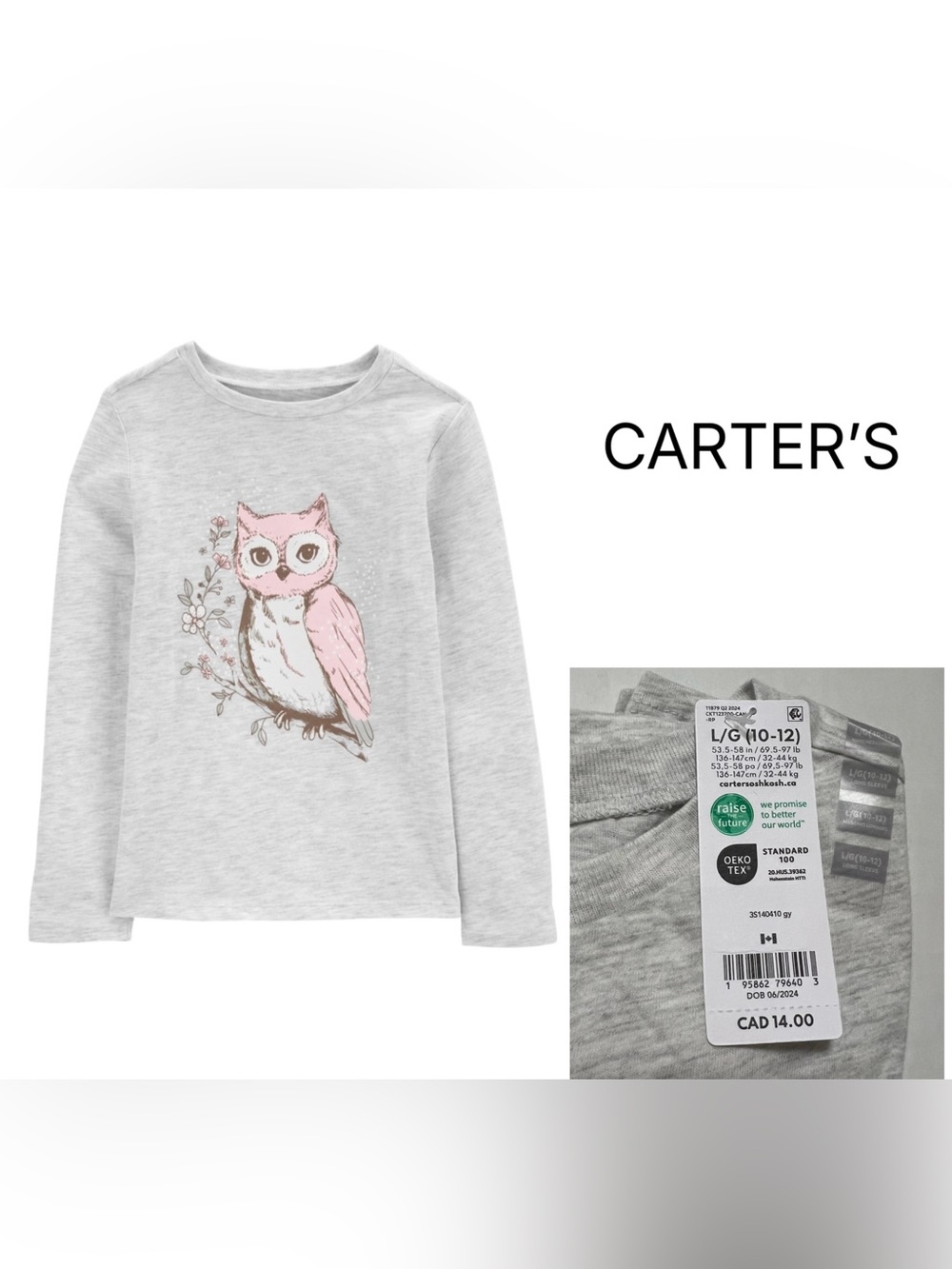 CARTER’S - LG 10/12 - NWT - GIRLS - GREY / PINK OWL LONG SLEEVE GRAPHIC TEE